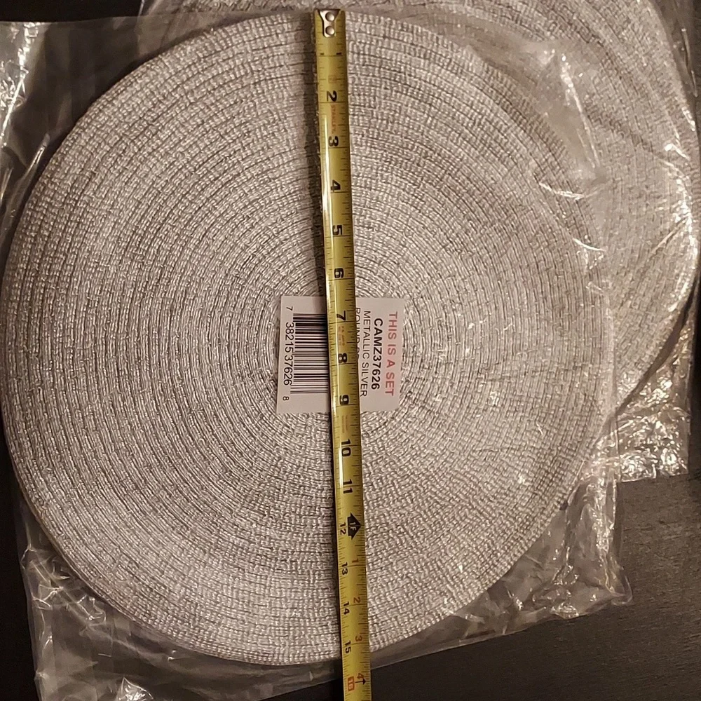Silver Metallic Round Placemats Set of 8 Woven Shimmer with 8 Coasters
